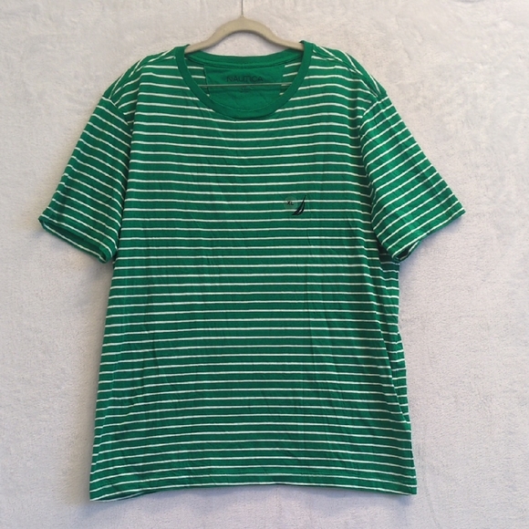 Nautica Men's Emerald Green & White Striped Casual Tee Shirt Size XL - Picture 1 of 5